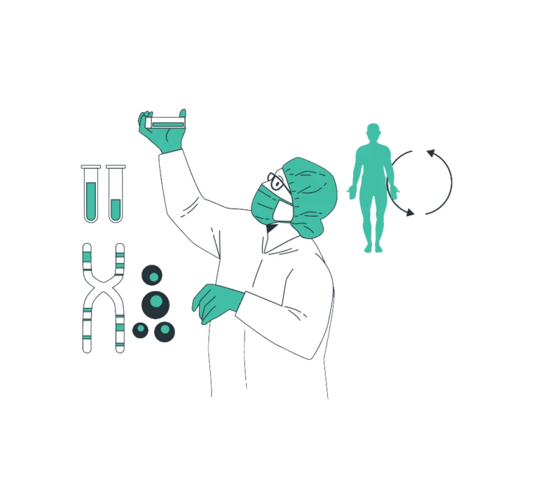 Cientista de laboratório segurando um tubo de sangue ao lado de tubos de ensaio e de um esquema do corpo humano