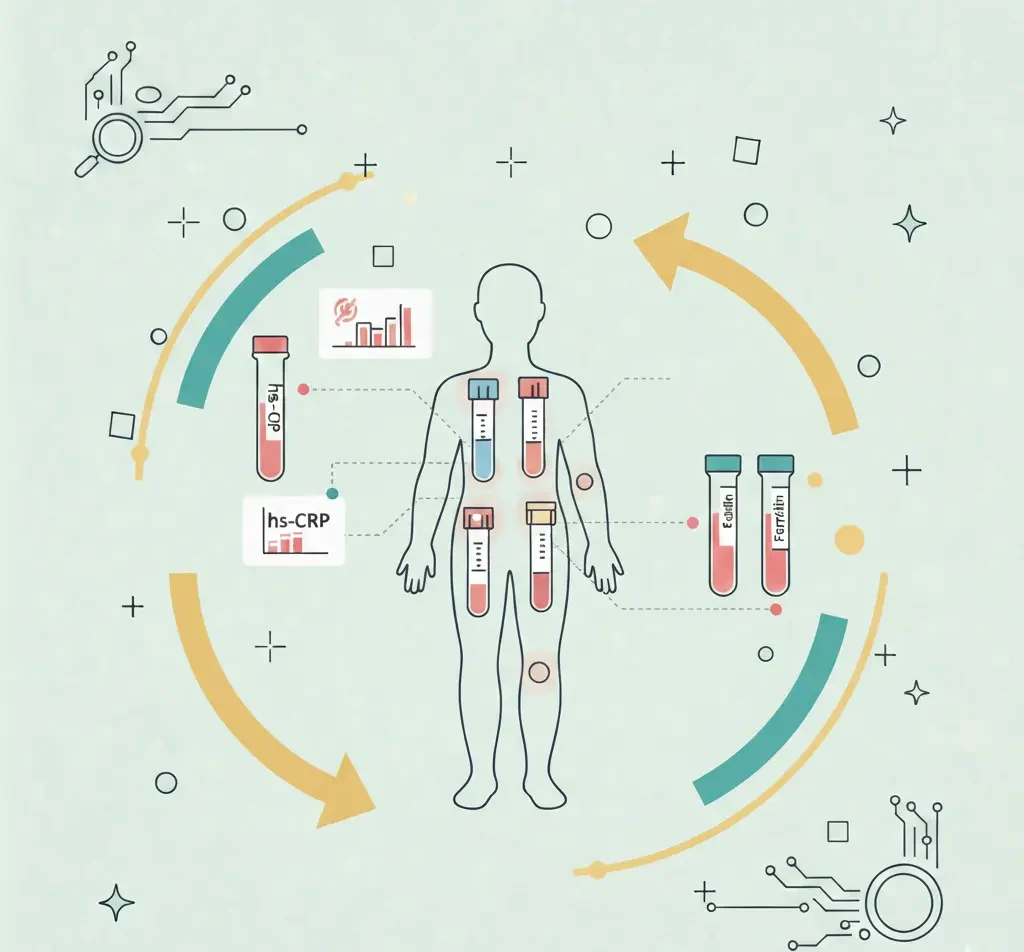 Un'infografica medica che mostra una sagoma umana con in evidenza le fiale per gli esami del sangue e marcatori come hs-CRP, componenti del CBC, ferritina e NLR.