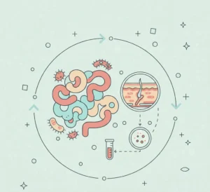 Illustration de bactéries du microbiome intestinal communiquant avec des icônes de santé cutanée pertinentes pour l'acné et l'inflammation.