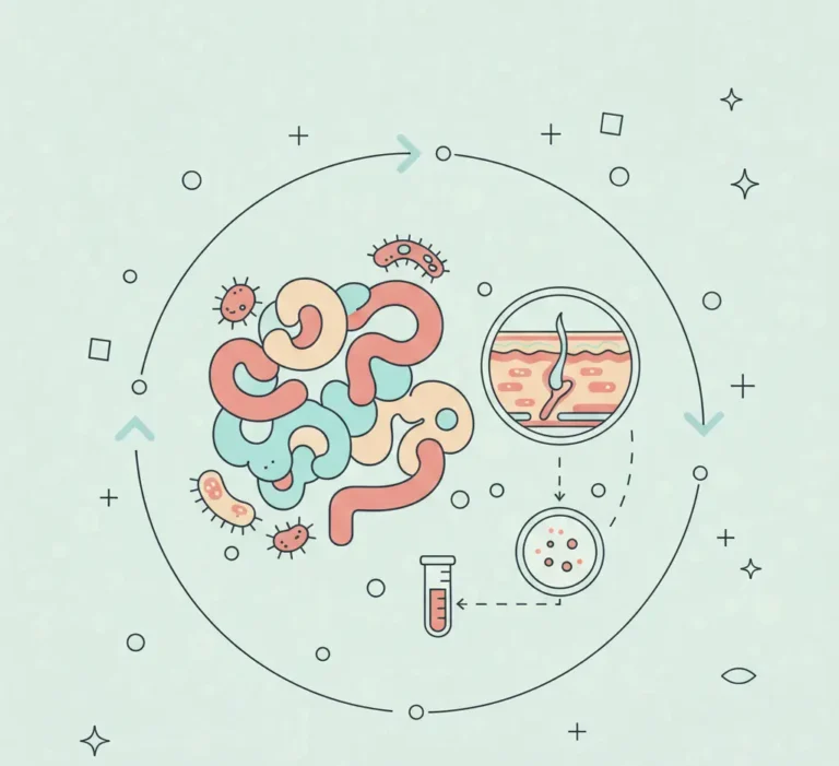 Acne e intestino: ilustração da microbiota intestinal se comunicando com a pele