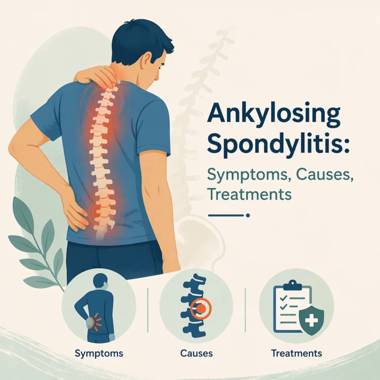 Ilustração da espondilite anquilosante mostrando a coluna e as articulações sacroilíacas inflamadas, sintomas e tratamentos