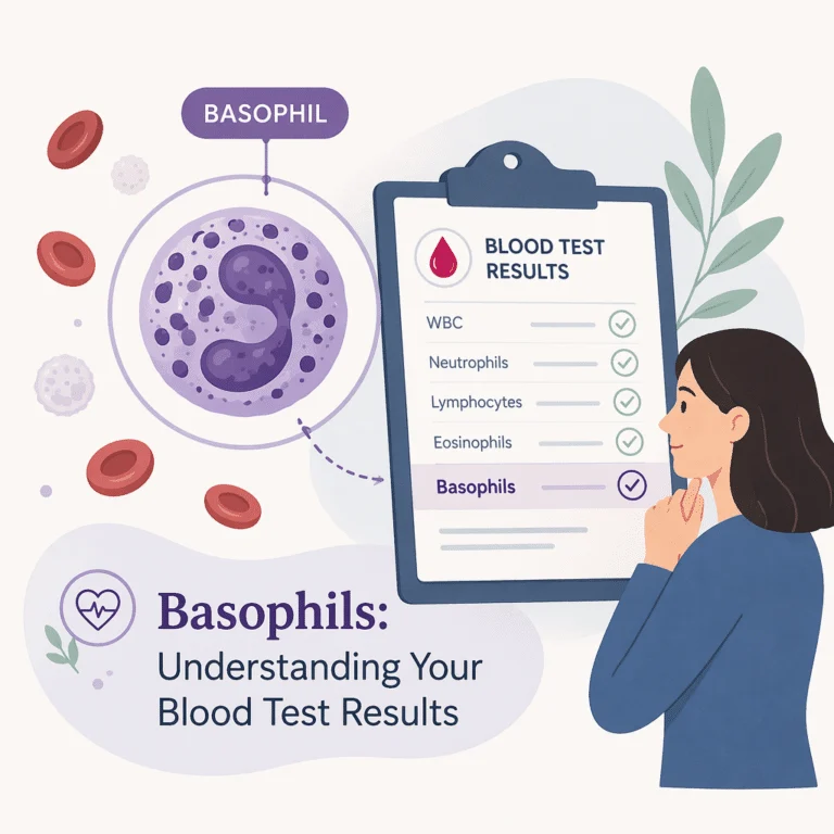 Basófilo com grânulos escuros ao microscópio, ilustrando a contagem de basófilos do hemograma