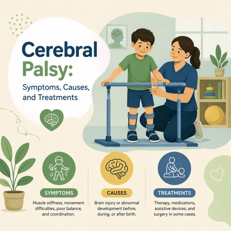 Ilustração da paralisia cerebral infantil com o cérebro em desenvolvimento, tipos, sinais e tratamento