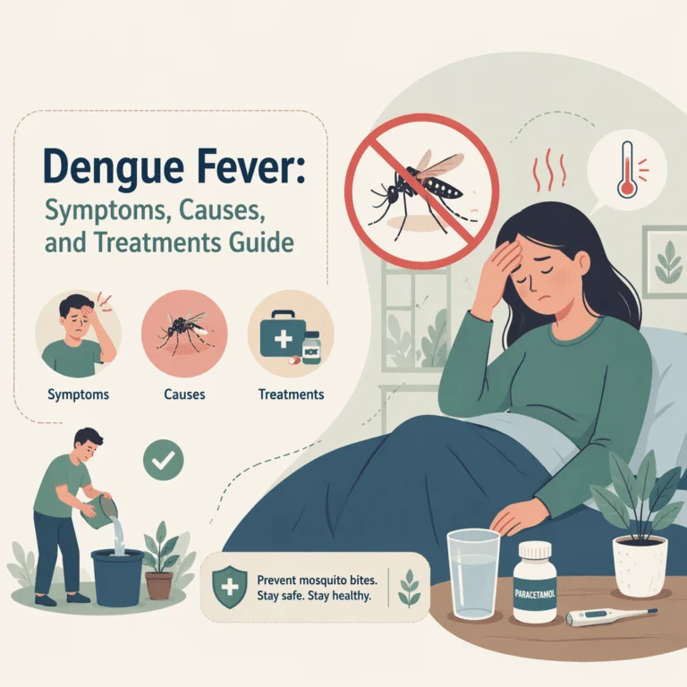 Ilustração da dengue com o mosquito Aedes aegypti, sintomas, sinais de alarme, exames de sangue e prevenção