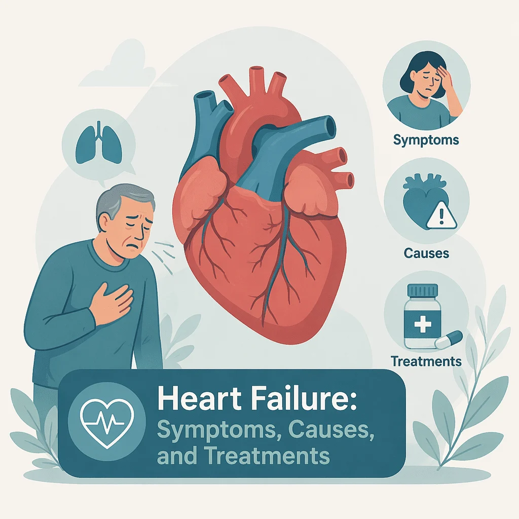 Heart failure explained including its symptoms, causes, and treatments