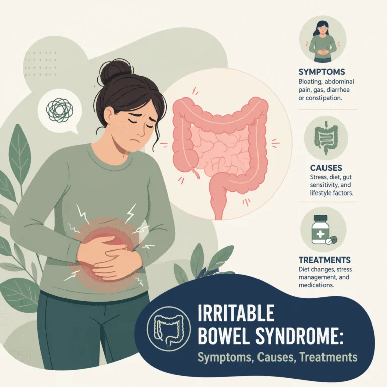 Ilustração da síndrome do intestino irritável mostrando o intestino, o eixo intestino-cérebro, sintomas e tratamentos
