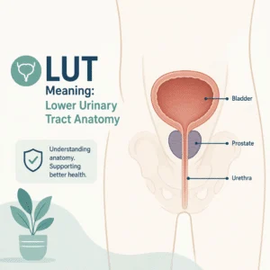 Signification de l'abréviation LUT illustrée avec l'anatomie des voies urinaires inférieures, incluant la vessie, l'urètre et les sphincters
