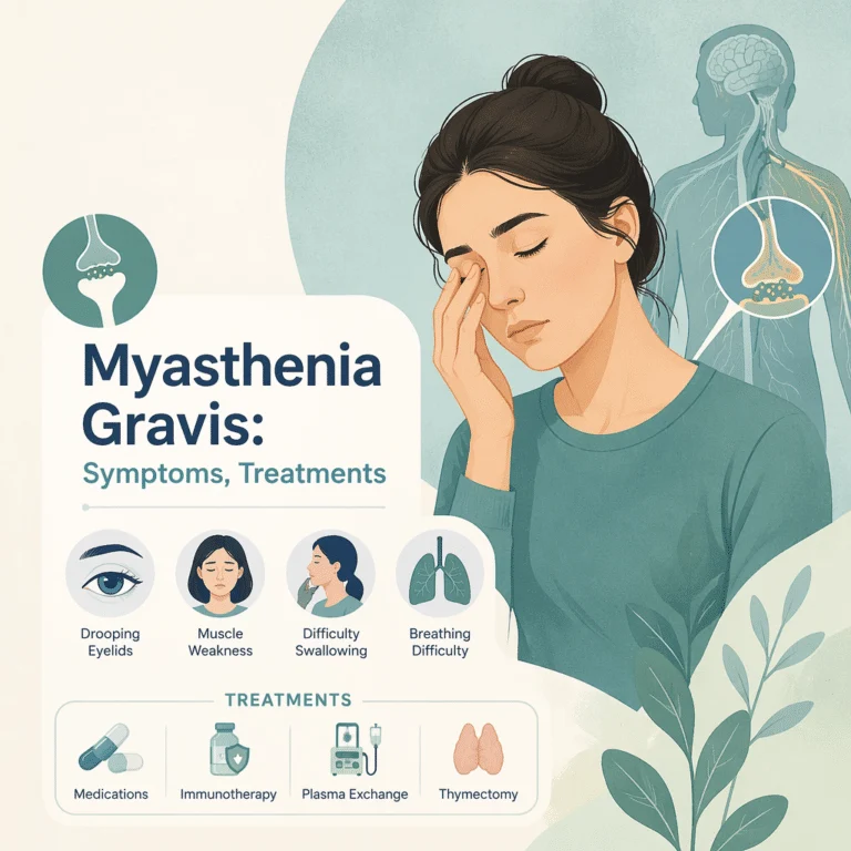 Ilustração da miastenia gravis com a junção entre nervo e músculo, pálpebra caída, exames e tratamento