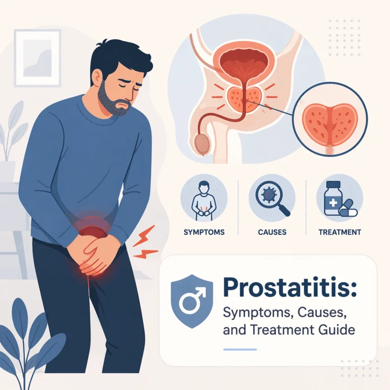 Ilustração da próstata inflamada explicando os sintomas, as causas e o tratamento da prostatite