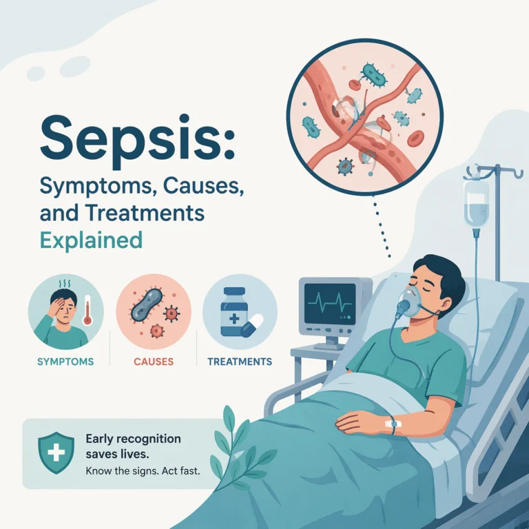 Ilustração sobre a sepse com sinais de alerta, focos de infecção e exames de sangue usados no diagnóstico