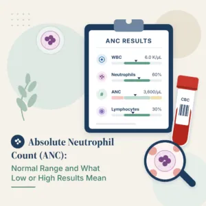Informe de análisis de sangre con un resultado de recuento absoluto de neutrófilos y sus rangos normal, bajo y alto junto a un tubo con una muestra de sangre