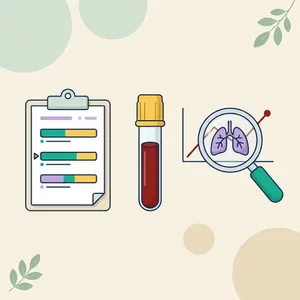 Illustration of a lab report with one raised enzyme line, a serum blood tube and a pair of lungs