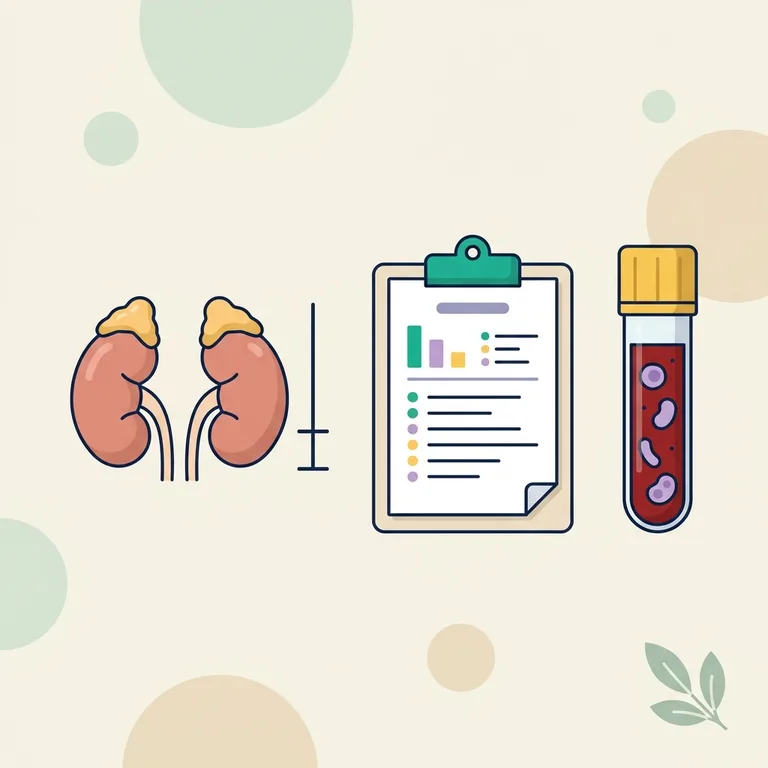 Illustration of a lab report with low and high hormone lines, a serum blood tube and two small adrenal glands