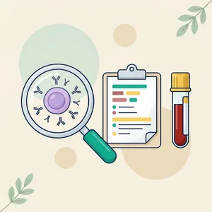 Autoimmune disease illustration: a magnifying glass on a cell surrounded by antibodies, a lab report and a blood tube