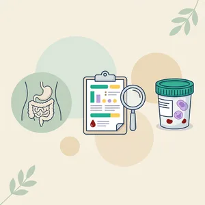 Ilustrație cu conturul unui abdomen, un recipient închis pentru proba de scaun, o lupă și un buletin de analize despre scaunul negru