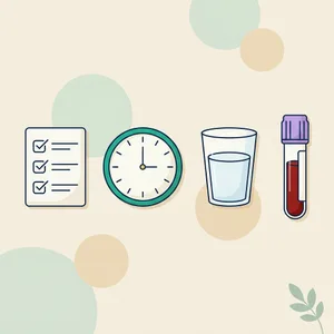 Illustration of a checklist, a clock, a glass of water and a blood collection tube for preparing a blood draw