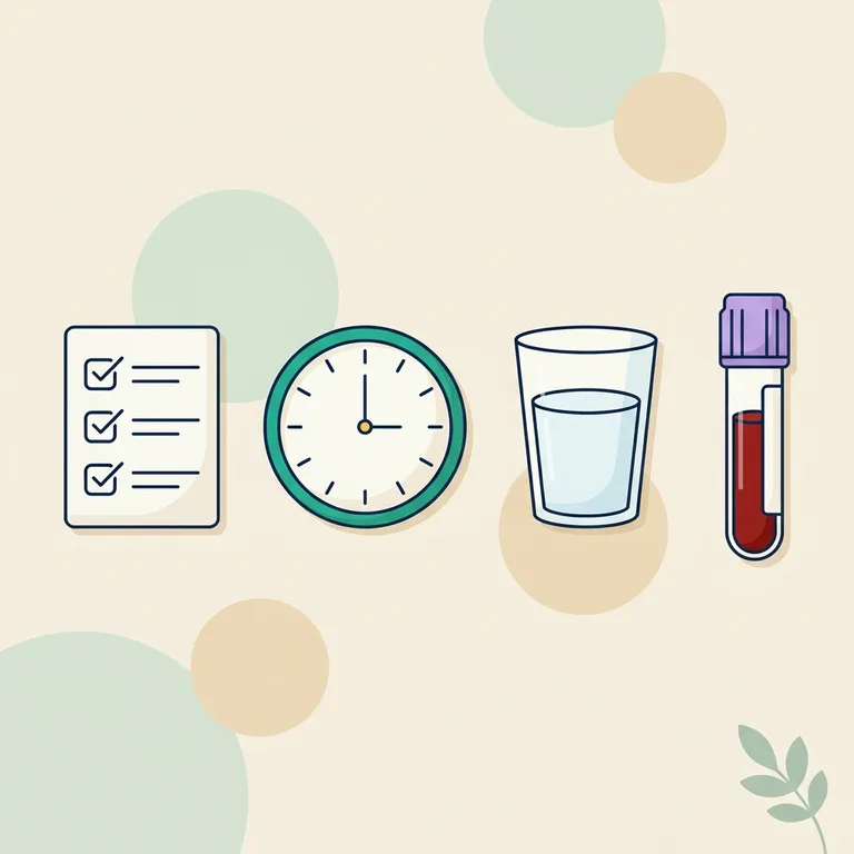 Illustration of a checklist, a clock, a glass of water and a blood collection tube for preparing a blood draw