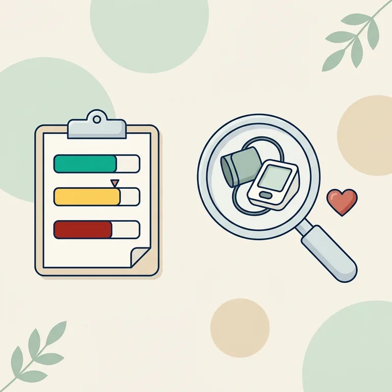 Illustration of a blood pressure cuff next to a reading card with abstract bars and a heart, for a blood pressure chart