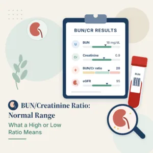 Informe de análisis de sangre con un cociente BUN/creatinina calculado a partir de los resultados de nitrógeno ureico y creatinina junto a un icono de riñón