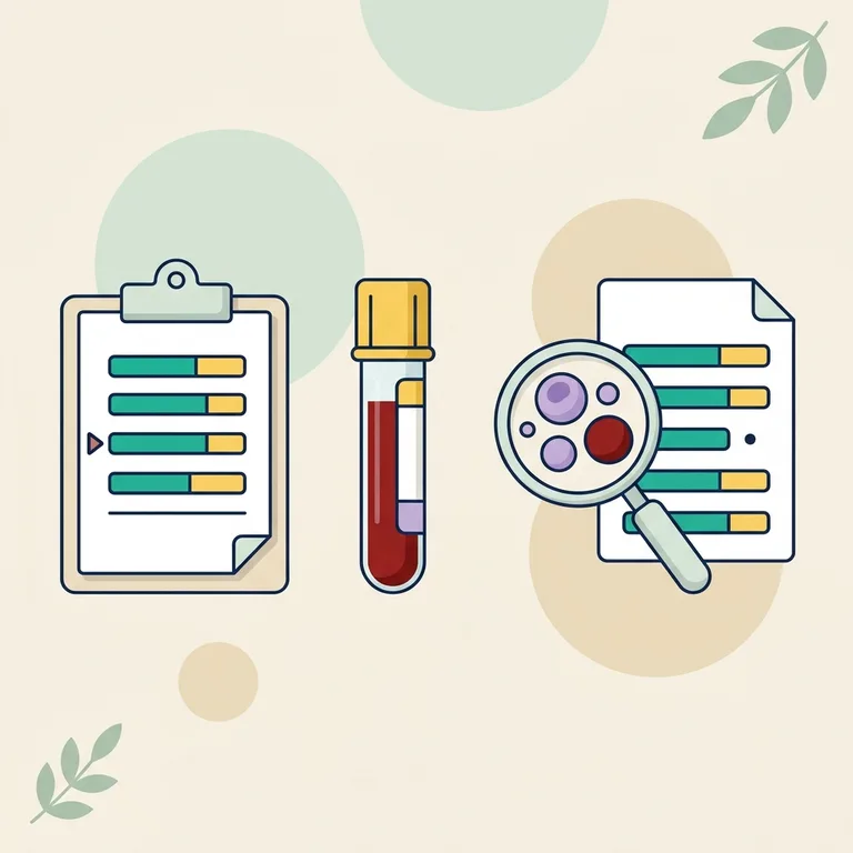 Illustration of a cholesterol report with one marked LDL bar, a serum tube and a magnifying glass over lipoprotein particles