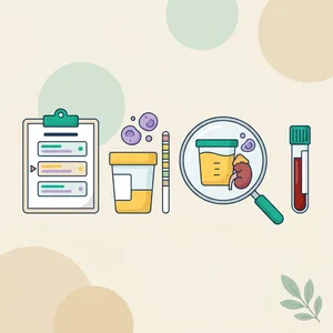 Illustration of a 24-hour urine collection jug and a lab report with raised catecholamine lines, next to an adrenal gland