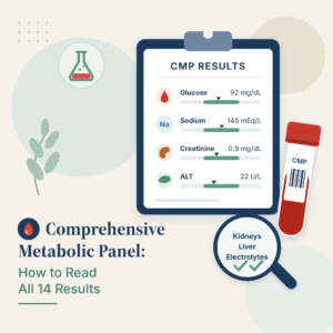 Lab report showing comprehensive metabolic panel results for glucose, electrolytes, kidney and liver tests