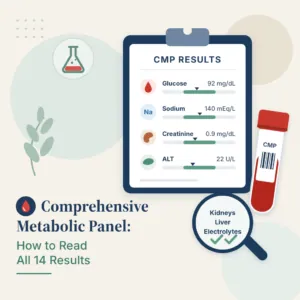 Informe de laboratorio con los resultados de un panel metabólico completo: glucosa, electrolitos y pruebas renales y hepáticas
