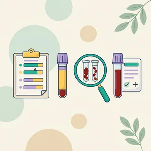 Coombs test illustration: report clipboard, lavender-top tubes, magnifier on clumped red cells, ticked report