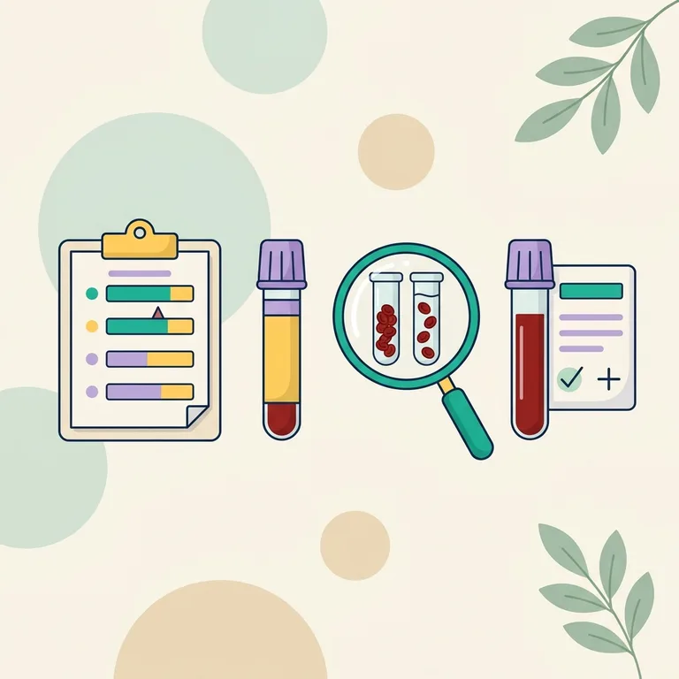 Coombs test illustration: report clipboard, lavender-top tubes, magnifier on clumped red cells, ticked report