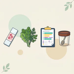 Ciclosporiasis: portaobjetos con ooquistes teñidos, verduras de hoja y hierbas, un informe de laboratorio y un bote de heces