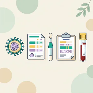 Cytomegalovirus illustration: serology report with IgG, IgM and avidity lines, a serum tube and a newborn saliva swab