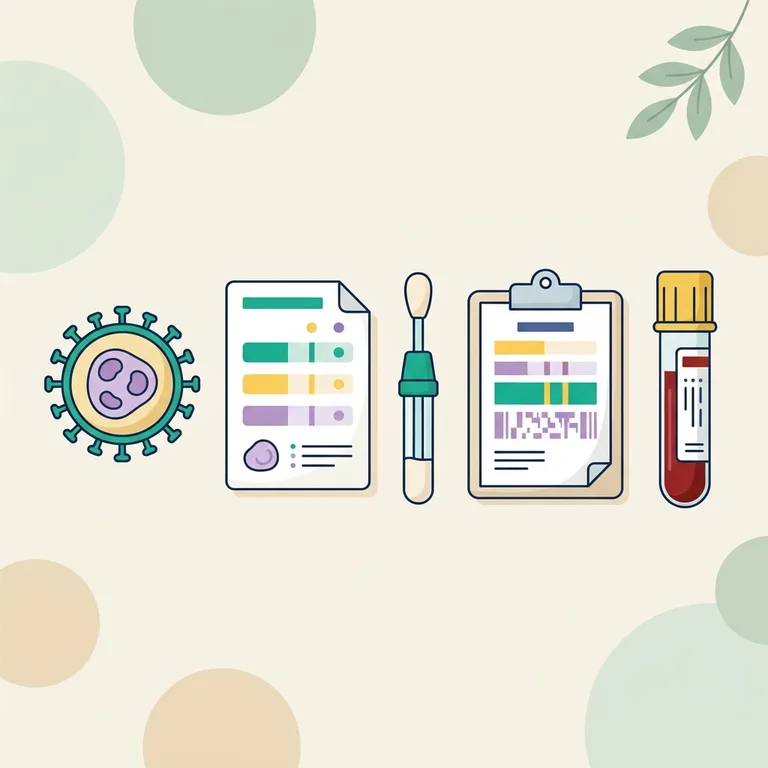 Cytomegalovirus illustration: serology report with IgG, IgM and avidity lines, a serum tube and a newborn saliva swab