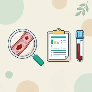 DIC illustration: magnifier on a blood vessel with small clots and platelets, a lab report and a light-blue-top tube