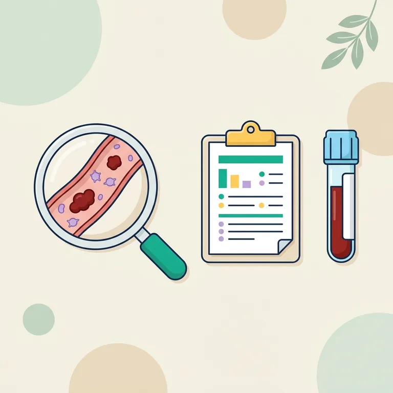 DIC illustration: magnifier on a blood vessel with small clots and platelets, a lab report and a light-blue-top tube