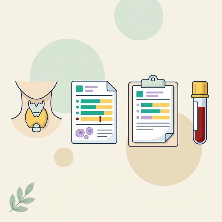 Illustration of a thyroid lab report with one bar marked low, a serum blood tube and a magnifier over a thyroid gland