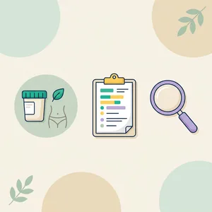 Green stool causes and tests: closed stool container with a green lid, a leaf, an abdomen outline, a lab report, a magnifier