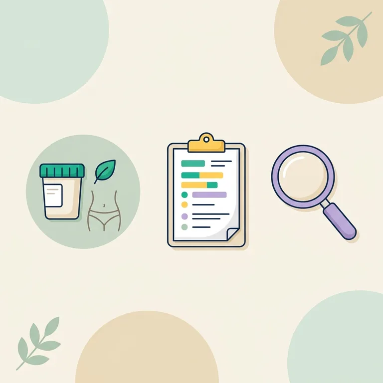 Green stool causes and tests: closed stool container with a green lid, a leaf, an abdomen outline, a lab report, a magnifier