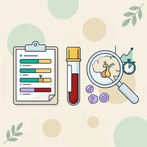 Growth hormone test illustration: magnifier on the pituitary gland, stopwatch, rising curve, lab report and blood tube
