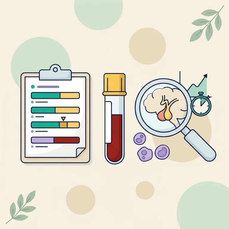 Growth hormone test illustration: magnifier on the pituitary gland, stopwatch, rising curve, lab report and blood tube