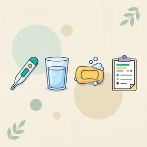 Illustration of a thermometer, a glass of cold water, a bar of soap and a clipboard checklist