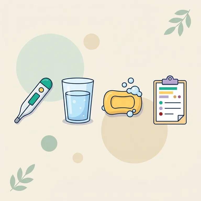 Illustration of a thermometer, a glass of cold water, a bar of soap and a clipboard checklist