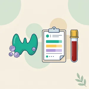 Illustration of a thyroid gland with immune cells, a lab report and a serum blood tube, for Hashimoto's thyroiditis