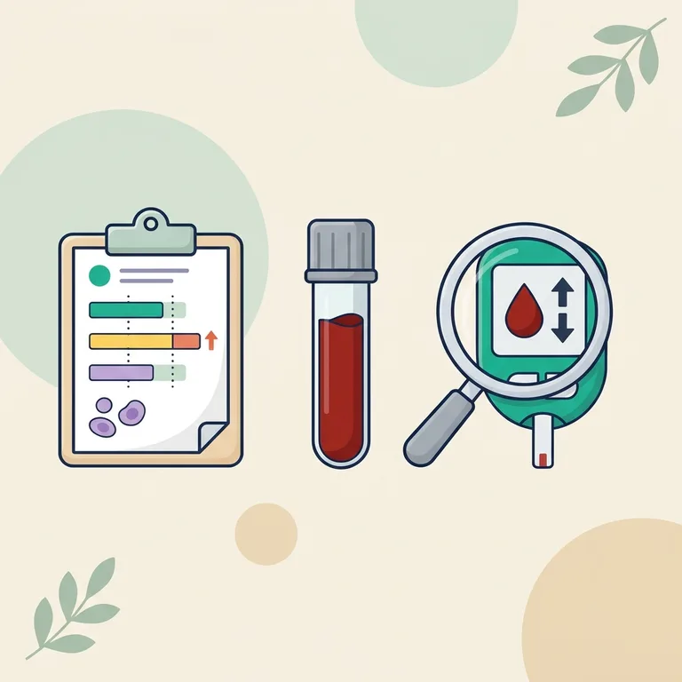 Illustration of a lab report with a raised glucose line, a glucose meter, a serum blood tube and an up and down arrow