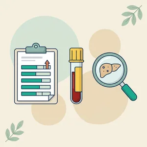 Illustration of a lab report with one bar marked high with an up arrow, a serum blood tube and a magnifier over liver cells