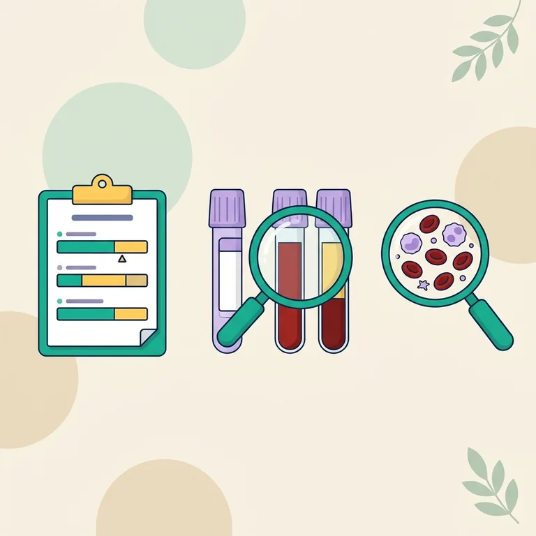 Blood composition illustration: report clipboard, lavender-top tubes, one split into plasma and red cells, magnifier on cells