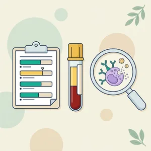 Illustration of an IgE blood test: lab report with one result flagged, serum tube, magnifier on IgE antibodies and pollen
