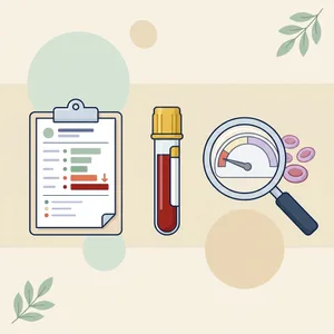 Illustration of iron deficiency: a nearly empty iron store gauge beside red blood cells and a serum blood tube