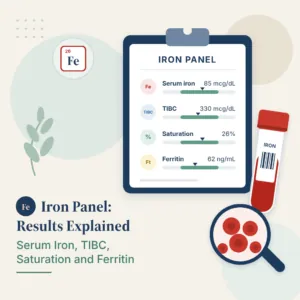 Informe de laboratorio con los resultados de un perfil de hierro (hierro sérico, CTFH, saturación de transferrina y ferritina) junto a un tubo de sangre