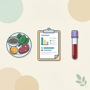 Plate of lentils, leafy greens, red meat and an orange beside a blood test report and a purple-top blood tube