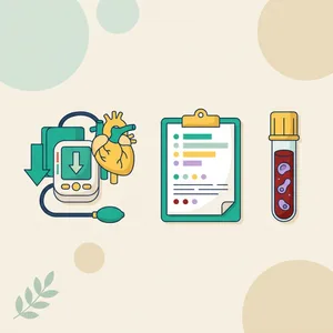 Low blood pressure illustration: cuff monitor with a downward arrow, a heart, a lab report on a clipboard and a blood tube